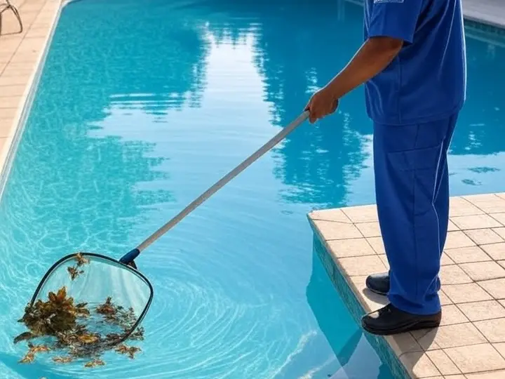 A pool maintenance worker in a blue uniform uses a long-handled skimmer net to remove leaves and debris from the surface of a swimming pool.