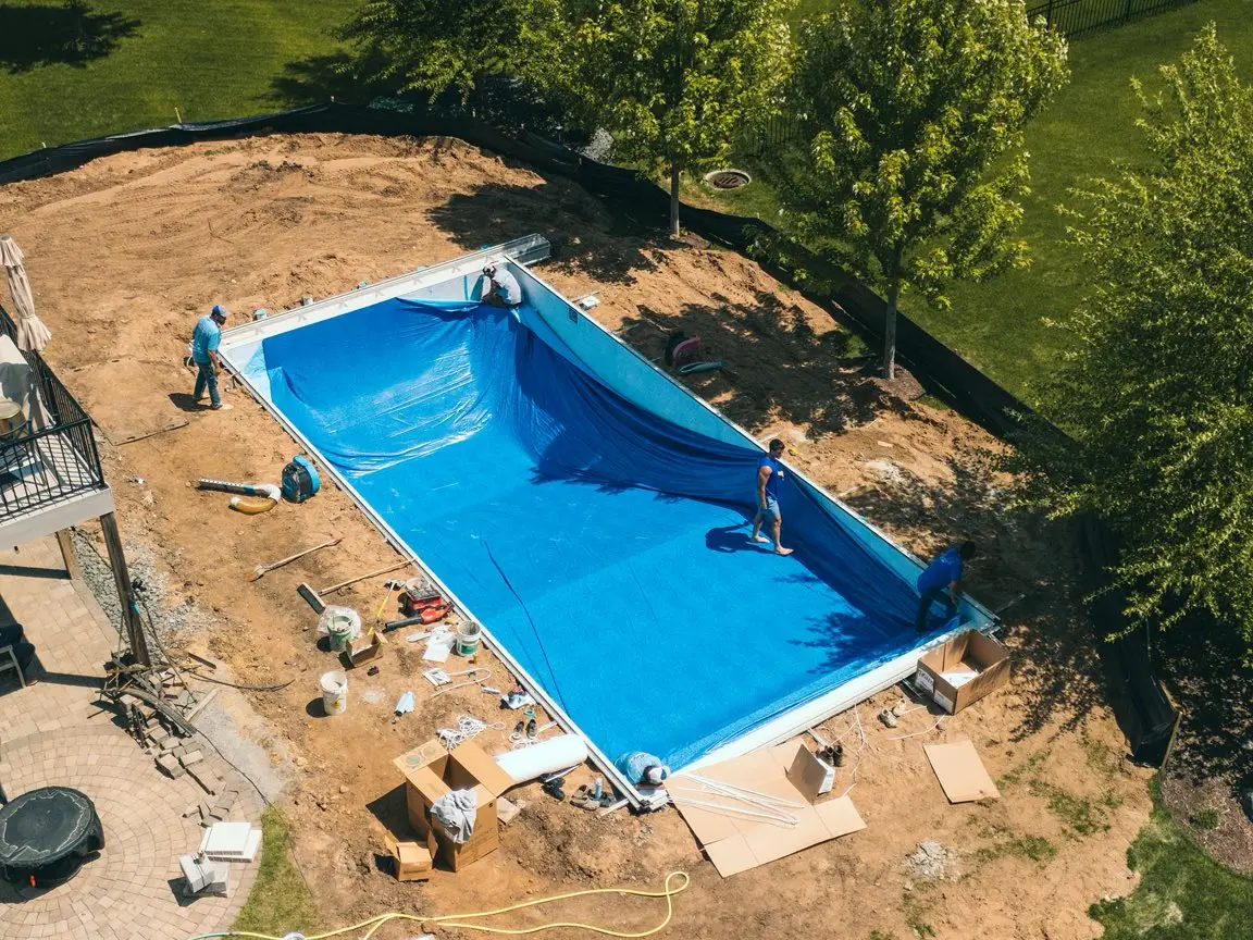 A group of workers installs a new in-ground swimming pool in Forest Lake, MN, spreading a bright blue pool liner inside the rectangular frame.